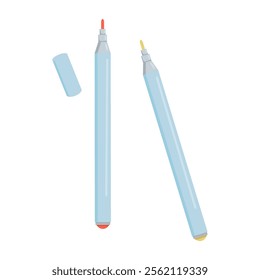 Fine liners with colour pigment. Fineliners, sharp markers for writing, drawing. Felt-tip, ink pens with open and closed caps. Flat graphic vector illustration isolated on white background