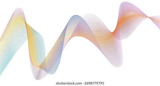 Linhas finas formam curvas dinâmicas com gradações de cores que variam de azul, roxo, vermelho, laranja a amarelo, criando uma aparência moderna e futurista