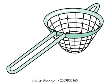 Fine mesh strainer bar accessory. Colored hand-drawn doodle cartoon style vector image. For bar menu, bartender website design, cocktail making process illustration, alcohol cookbook decoration etc