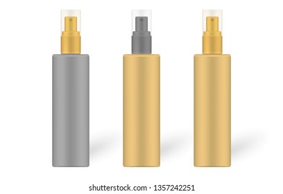 Fine Mist Spray Bottle With Clear Lid Isolated On White Background, Realistic Mock-up. Liquid Product Pump Container, Vector Template Set.