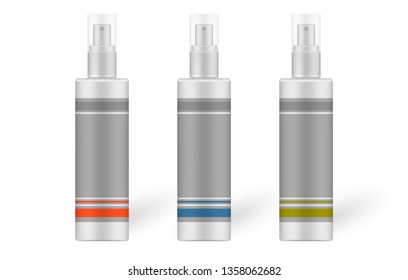 Fine Mist Spray Bottles With Blank Labels And Clear Lids Isolated On White Background, Realistic Mockup. Liquid Product Pump Container, Vector Template Set.