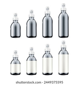 Fine mist spray translucent bottle with clear cap and white blank label. Different capacities. Realistic vector mockup set. Pump spraying container. Mock-up kit for design