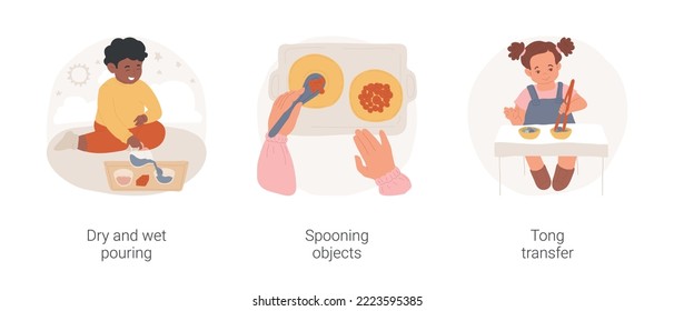 Fine motor development Montessori lessons isolated cartoon vector illustration set. Dry and wet pouring, spooning objects, tong transfer, montessori preschool program exercises vector cartoon.