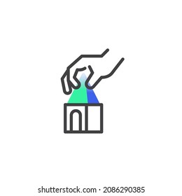 Symbol für eine gute motorische Fertigkeit. lineares Stilzeichen für mobiles Konzept und Webdesign. Hand mit Würfel Spielzeug Umriss Vektorsymbol. Symbol, Logo-Abbildung. Vektorgrafik