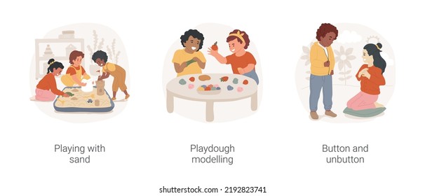 Fine motor skills in childcare isolated cartoon vector illustration set. Playing with sand, playdough modelling, button and unbutton, kinetic playground, hand and finger development vector cartoon.