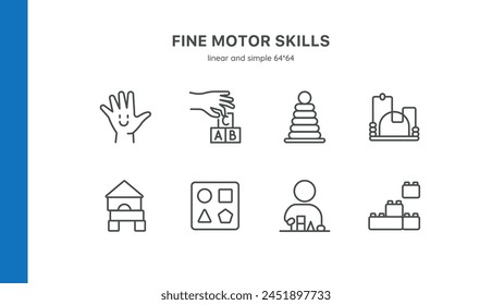 Fine Motor Skills Development Icons. Simple Line Art Set for Children Coordination and Learning Activities.