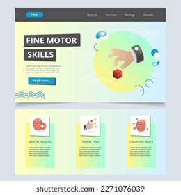 Feine motorische Fertigkeiten flache Landing-Page Website Vorlage. Psychische Gesundheit, Perfektion, kognitive Fähigkeiten. Webbanner mit Header, Inhalt und Fußzeile. Vektorgrafik.