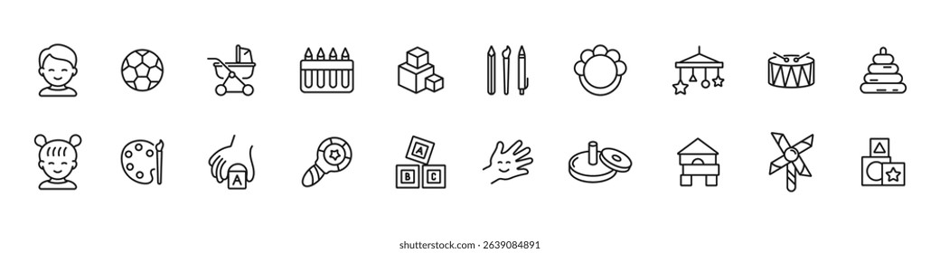 Fine motor skills icon set. Baby toys. Children's development. Kids' activity. Pre-school educational games. Training motor skills for toddlers and small children. Vector set