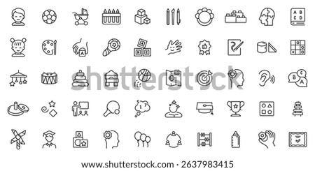 Fine Motor Skills icon set. Preschool Learning, Educational Games. Child development, pre-school educational activities. Memory, speaking, hearing, counting, drawing skills.
