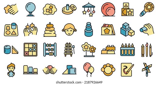 Fine motor skills icons set outline vector. Kids development. Childhood activity