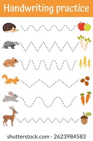 Fine motoric skills practice for kids. Tracing lines, handwriting training worksheet. Writing training page with cute animals for children. Educational game, activity for preschool, kindergarten.