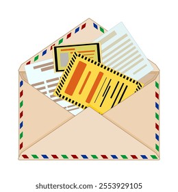 Fine and notification by mail. Punishment document in envelope. Envelope with surcharge protocol or bill. Letter with penalty. Envelope with payment reminder notice. Tax payment concept. Stock vector