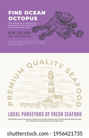 Fine Ocean Seafood. Abstract Vector Packaging Design or Label. Modern Typography and Hand Drawn Octopus Sketch Silhouette with Sea Lighthouse Background Layout.