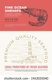 Fine Ocean Seafood. Abstract Vector Packaging Design or Label. Modern Typography and Hand Drawn Shrimp Sketch Silhouette with Sea Lighthouse Background Layout.