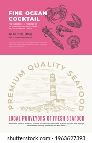 Fine Ocean Seafood Cocktail. Abstract Vector Packaging Design or Label Modern Typography and Hand Drawn Crab, Shrimp, Squid, Scallop and Mussel Sketch Silhouette with Sea Lighthouse Background Layout.