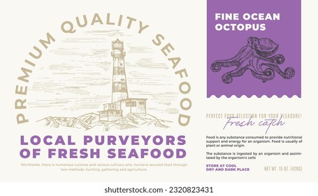 Fine Ocean Seafood Product. Abstract Vector Packaging Label Design. Modern Typography and Hand Drawn Octopus Sketch Silhouette with Sea Lighthouse Background Layout