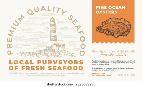 Fine Ocean Seafood Product. Abstract Vector Packaging Label Design. Modern Typography and Hand Drawn Oyster Shell Sketch Silhouette with Sea Lighthouse Background Layout