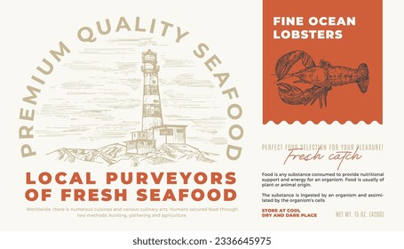 Fine Ocean Seafood Product. Abstract Vector Packaging Label Design. Modern Typography and Hand Drawn Shrimp Sketch Silhouette with Sea Lighthouse Background Layout