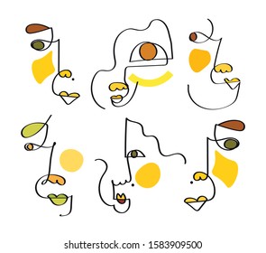 Fine one line drawing abstract two faces. Minimalism art, aesthetic contour. Continuous line couple tribal portrait. Modern vector illustration in the ethnic style