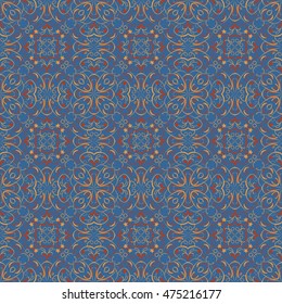 Fine oriental patterns in vivid colors on blue background. Seamless oriental patterns. Filigree geometric patterns. Morocco ancient patterns. Vector small oriental vintage patterns.