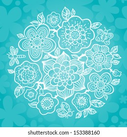 Fine outline bouquet with butterfly, dragonfly and ladybug on seamless background. It can be used for decorating of invitations, cards and decoration for bags and clothes. Design template.