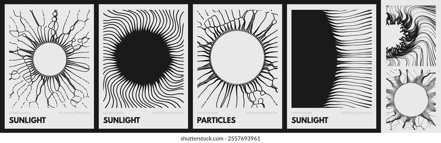 Fine particles or curved radial lines radiate from the centre. Dynamic composition. Sun. Solar or stellar radiation. A pattern of sun rays. An illustration with space for copying. Vector for cover.