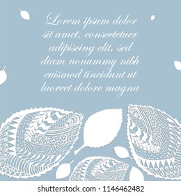 Fine Pastel White Blue Poster with Ornamented Leaves Made as Paper Applique.  Used Clipping mask for Easy Editing. EPS 8 Vector Illustration