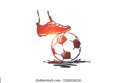 Fine, penalty, football, soccer, game concept. Hand drawn soccer player foot on ball concept sketch. Isolated vector illustration.