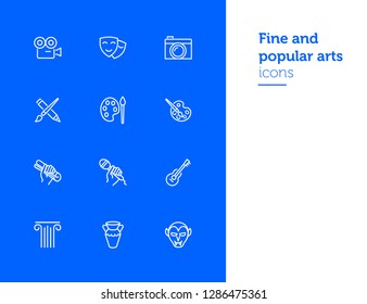 Fine and popular arts icon. Set of line icons on white background. Theater, painting, music, cinema, photography. Hobby concept. Vector illustration can be used for topics like leisure, entertainment