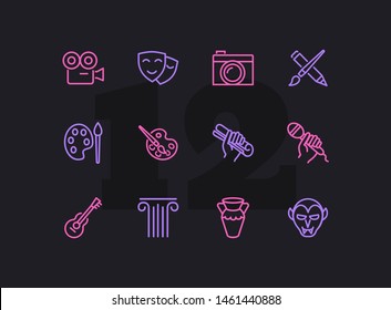 Fine and popular arts icon. Set of line icons on white background. Theater, painting, music, cinema, photography. Hobby concept. Vector illustration can be used for topics like leisure, entertainment