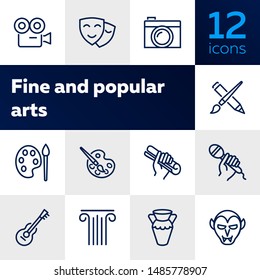Fine and popular arts icon. Set of line icons on white background. Theater, painting, music, cinema, photography. Hobby concept. Vector illustration can be used for topics like leisure, entertainment