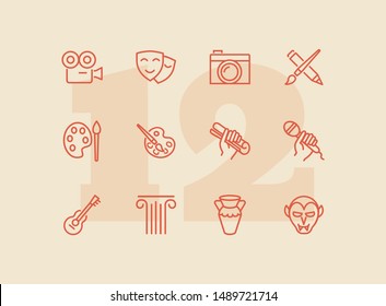 Fine and popular arts icon. Set of line icons on white background. Theater, painting, music, cinema, photography. Hobby concept. Vector illustration can be used for topics like leisure, entertainment