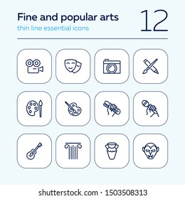 Fine and popular arts icon. Set of line icons on white background. Theater, painting, music, cinema, photography. Hobby concept. Vector illustration can be used for topics like leisure, entertainment