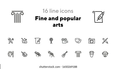 Fine and popular arts icon. Set of line icons on white background. Theater, painting, music, cinema, photography. Hobby concept. Vector illustration can be used for topics like leisure, entertainment