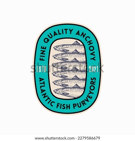 Fine Quality Atlantic Anchovy Purveyors. Abstract Vector Sign, Symbol, Logo Template. Hand Drawn Anchovy Fish with Typography. Colorful Vector Emblem. Isolated Stock photo © 