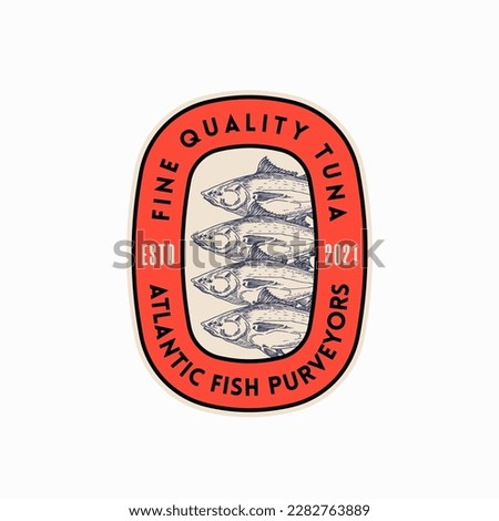 Fine Quality Atlantic Tuna Purveyors. Abstract Vector Sign, Symbol, Logo Template. Hand Drawn Fish with Typography. Colorful Vector Emblem. Isolated Stock photo © 