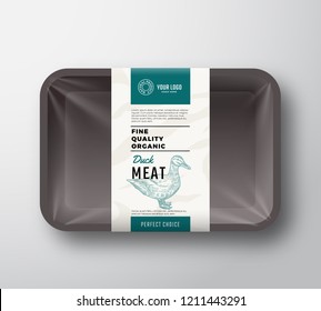Fine Quality Duck Meat. Abstract Vector Poultry Plastic Tray Container with Cellophane Cover. Packaging Design Label. Modern Typography and Hand Drawn Duck Silhouette Background Layout. Isolated.
