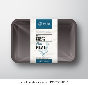 Fine Quality Goose Meat. Abstract Vector Poultry Plastic Tray Container with Cellophane Cover. Packaging Design Label. Modern Typography and Hand Drawn Goose Silhouette Background Layout. Isolated.