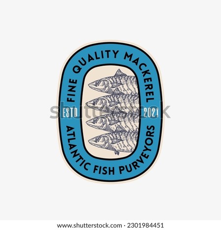 Fine Quality Mackerel Purveyors. Abstract Vector Sign, Symbol, Logo Template. Hand Drawn Mackerel Fish with Typography. Colorful Vector Emblem. Isolated Stock photo © 