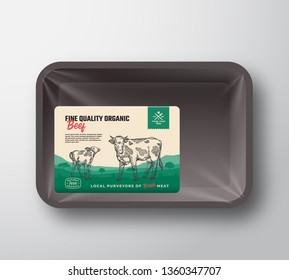 Fine Quality Organic Beef. Abstract Vector Meat Plastic Tray Container with Cellophane Cover. Packaging Design Label. Hand Drawn Cow and Calf Silhouettes Background Layout. Isolated.