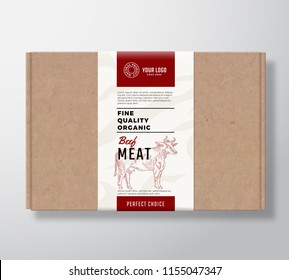 Fine Quality Organic Beef Craft Cardboard Box. Abstract Vector Meat Paper Container with Label Cover. Packaging Design. Modern Typography and Hand Drawn Cow Silhouette Background Layout. Isolated.