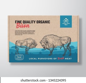 Fine Quality Organic Bison. Vector Meat Packaging Label Design on a Craft Cardboard Box Container. Modern Typography and Hand Drawn Buffalos Silhouettes. Rural Pasture Landscape Background Layout.