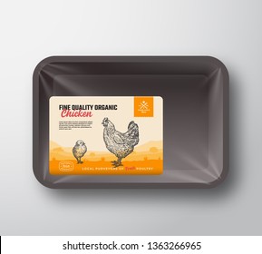 Fine Quality Organic Chicken. Abstract Vector Meat Plastic Tray Container with Cellophane Cover. Packaging Design Label. Hand Drawn Chicken and Chick Silhouettes Background Layout. Isolated.