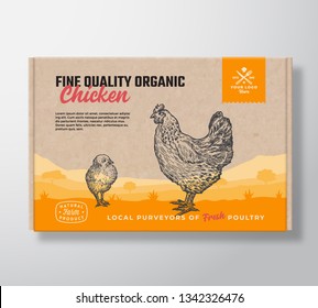 Fine Quality Organic Chicken. Vector Meat Packaging Label Design on a Craft Cardboard Box Container. Modern Typography and Hand Drawn Chickens Silhouettes. Rural Pasture Landscape Background Layout.