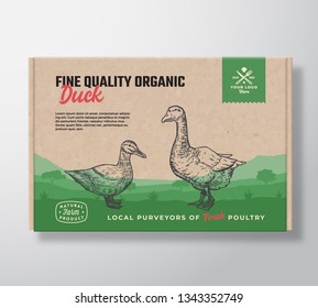 Fine Quality Organic Duck Vector Meat Packaging Label Design on a Craft Cardboard Box Container. Modern Typography and Hand Drawn Duck and Goose Silhouettes. Rural Pasture Landscape Background Layout.