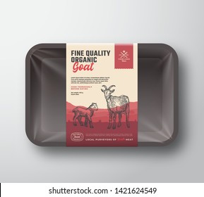 Fine Quality Organic Goat. Abstract Vector Meat Plastic Tray Container with Cellophane Cover. Vertical Packaging Design Label. Hand Drawn Goatling Silhouettes Landscape Background Layout. Isolated.