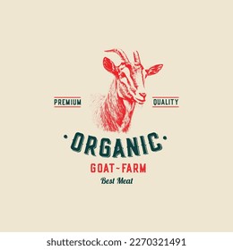 Fine Quality Organic Goat. Abstract Vector Meat Packaging Design or Label. Modern Typography and Hand Drawn Goat with Goatling Silhouettes. Rural Pasture Landscape Background Layout with Banner.