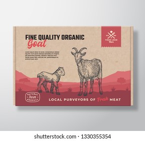 Fine Quality Organic Goat. Vector Meat Packaging Label Design on a Craft Cardboard Box Container. Modern Typography and Hand Drawn Goat Goatling Silhouettes. Rural Pasture Landscape Background Layout.