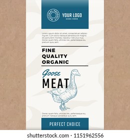 Fine Quality Organic Goose. Abstract Vector Meat Packaging Design or Label. Modern Typography and Hand Drawn Goose Silhouette. Craft Paper with Meat Texture Background Layout.