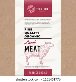 Fine Quality Organic Lamb. Abstract Vector Meat Packaging Design or Label. Modern Typography and Hand Drawn Sheep Silhouette. Craft Paper with Meat Texture Background Layout.